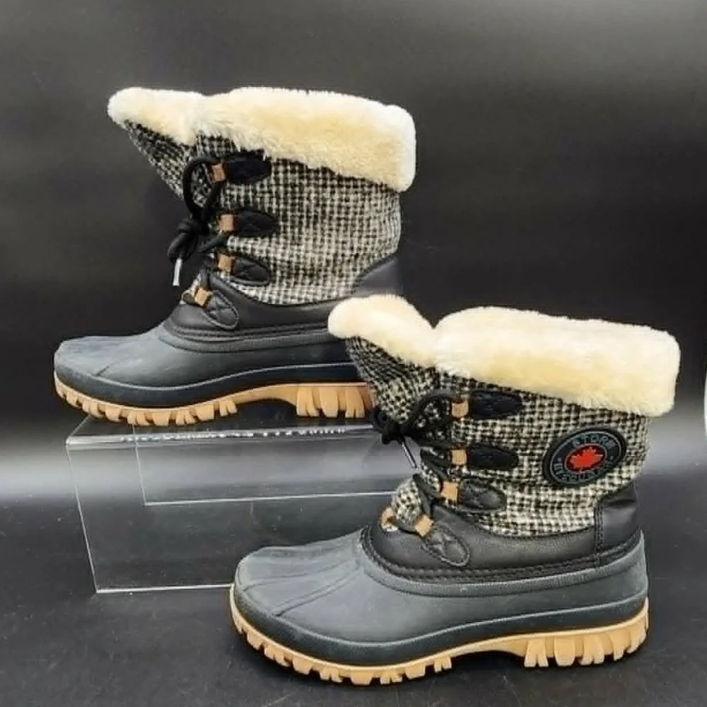 Storm‎ by Cougar Cabin Women Black Houndstooth Size 8 Winter Snow Duck Boots Fur
